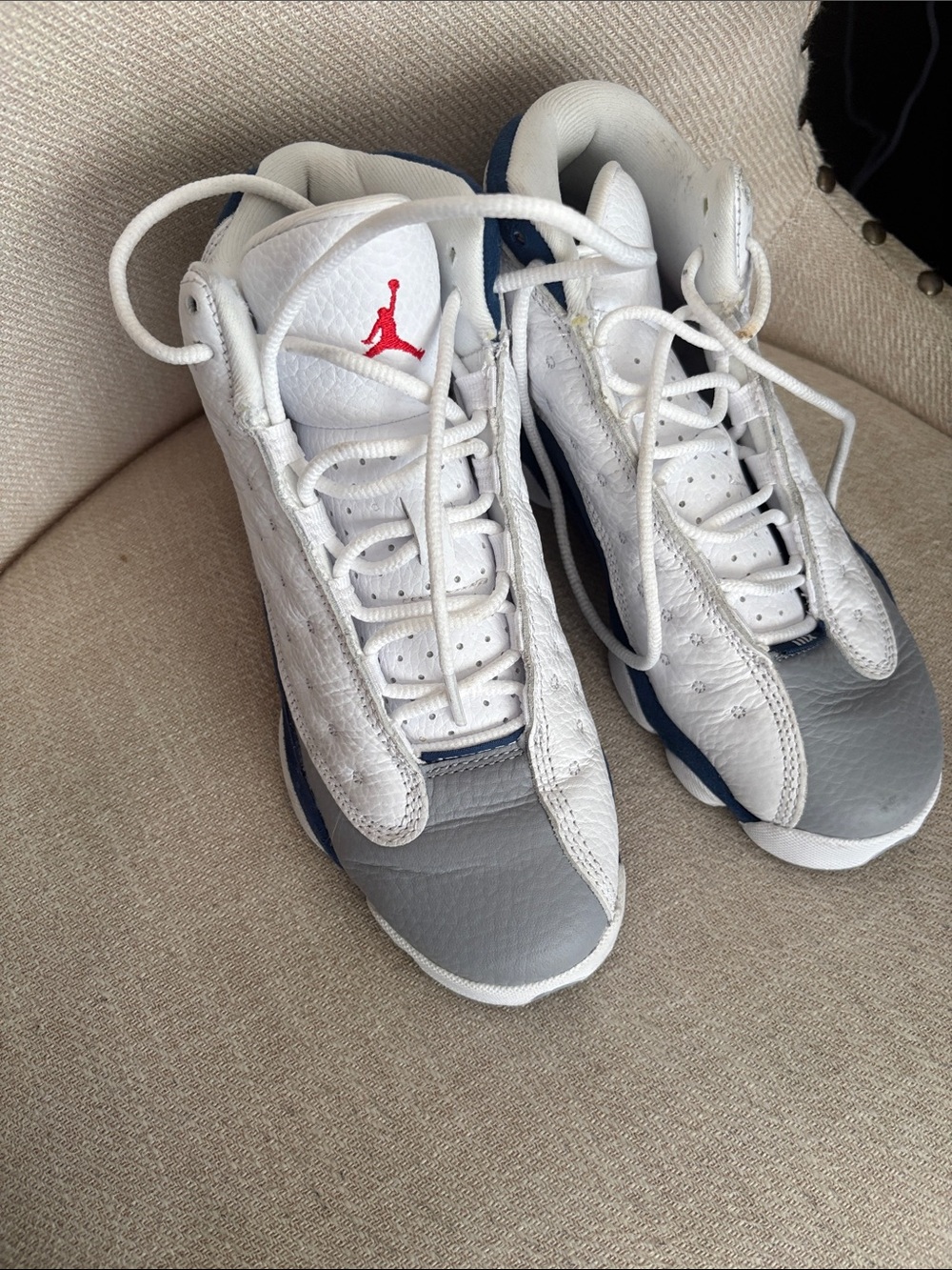Jordan Retro Sneakers in White, Gray & Navy with Red Jumpman Big Kids